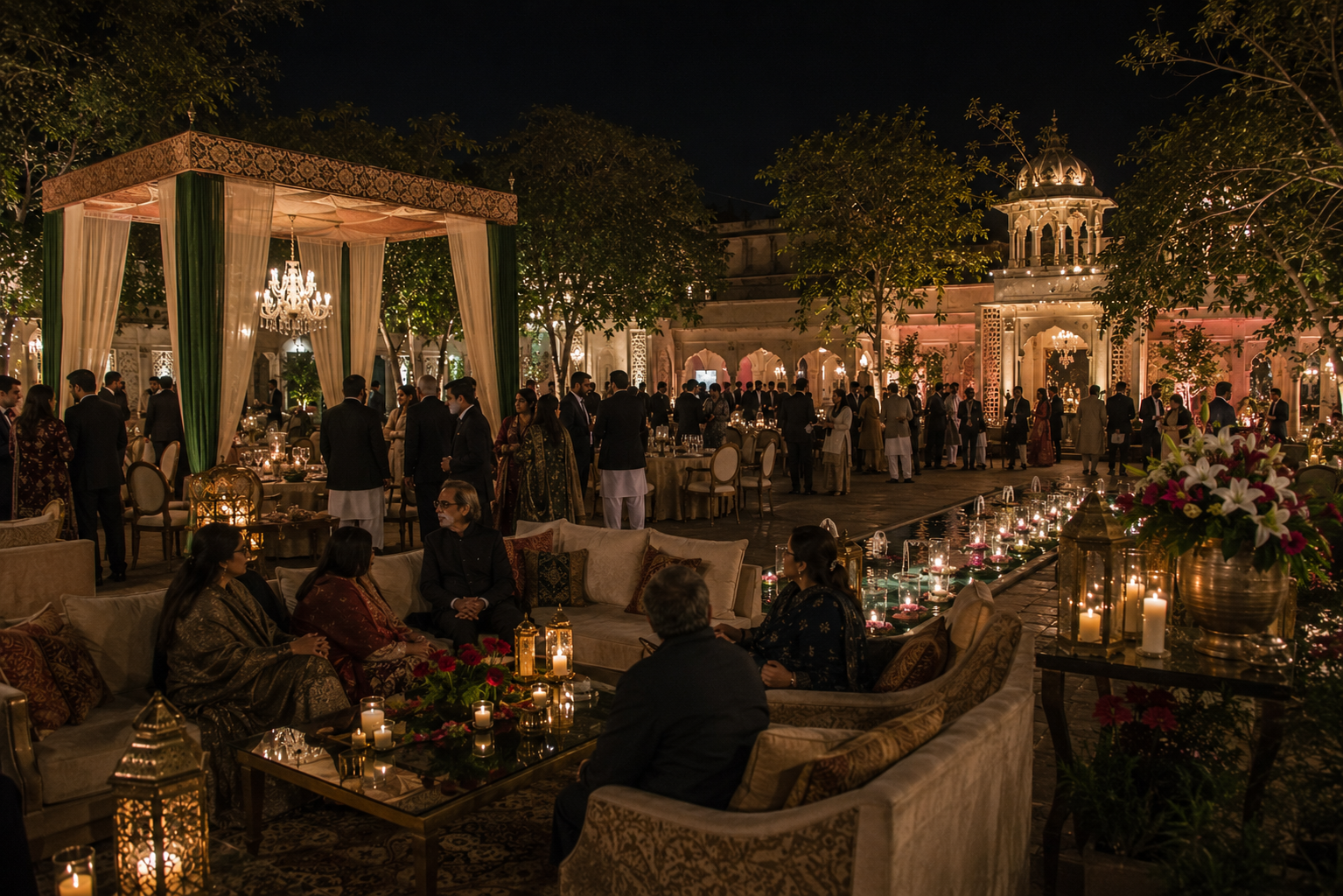 Outdoor evening wedding lounge with chandeliers and illuminated heritage architecture