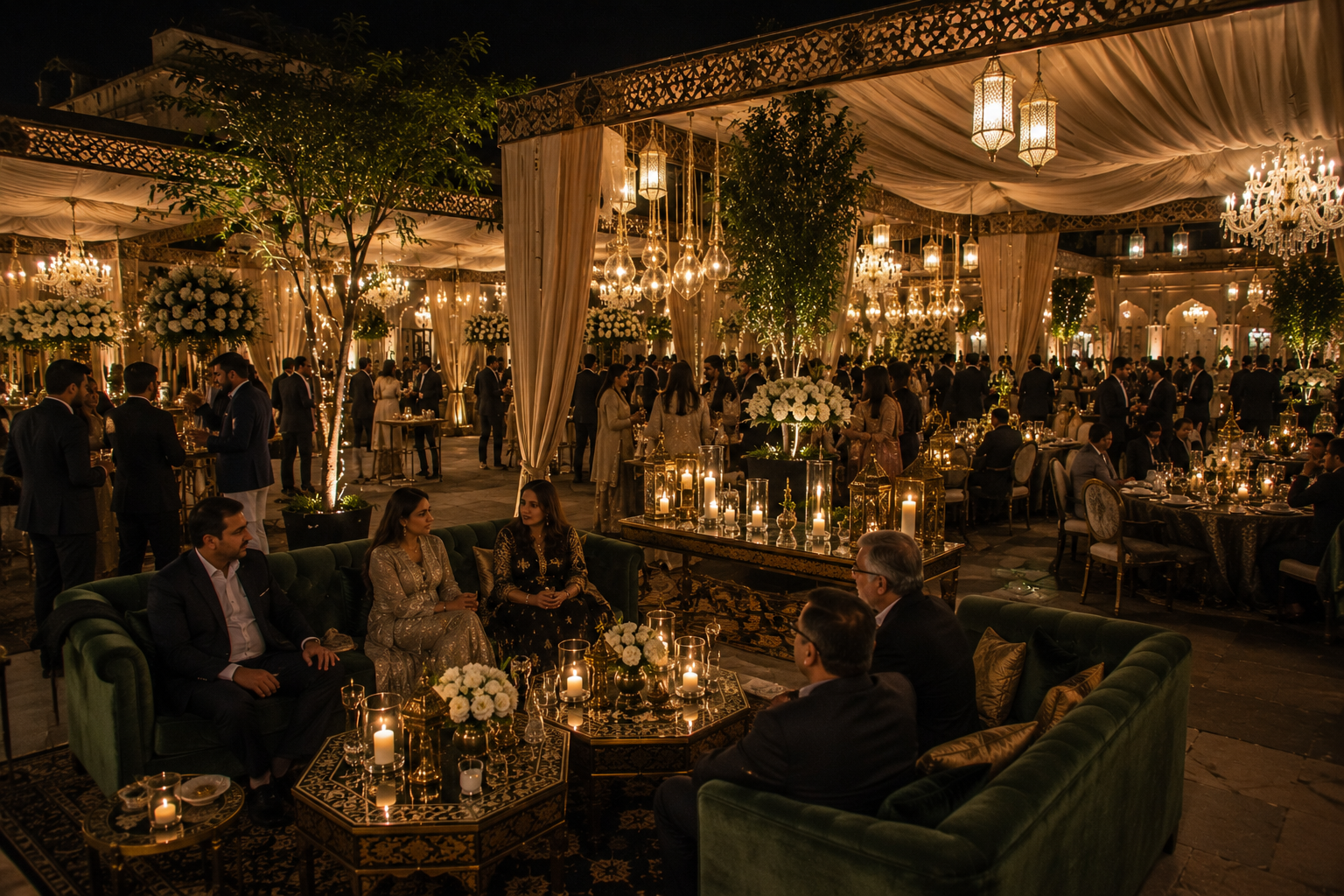Intimate lantern-lit reception with plush seating and warm golden light